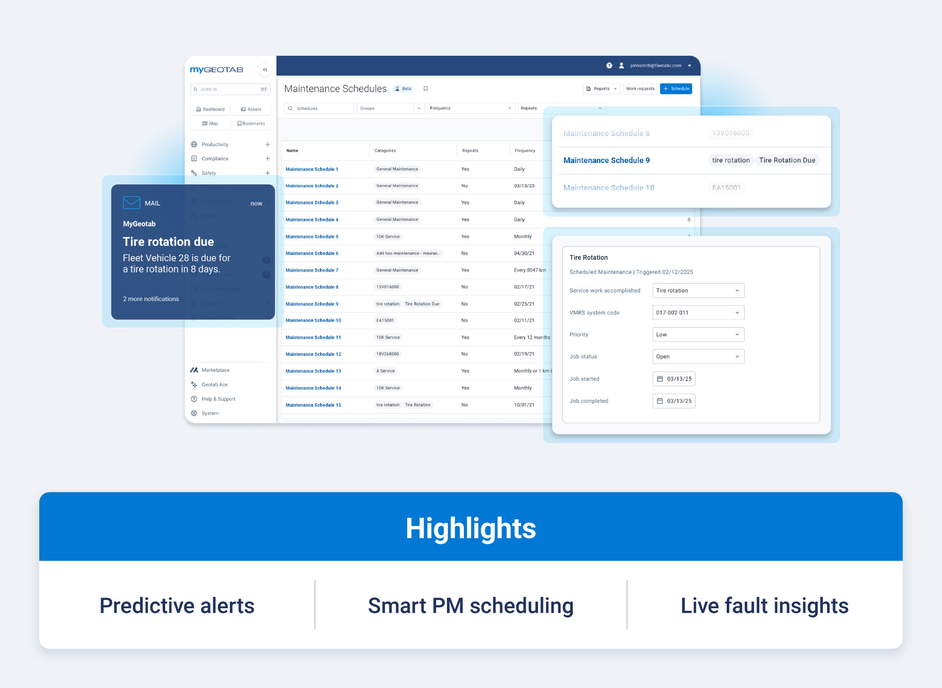 Geotab dashboard with highlights like predictive alerts, smart PM scheduling and live fault insights.